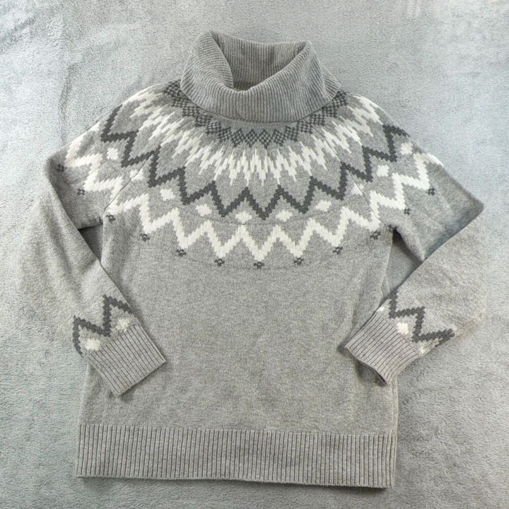 LOFT Fair Isle Sweater Women M Gray Turtleneck Pullover Long Sleeve Knit Stretch